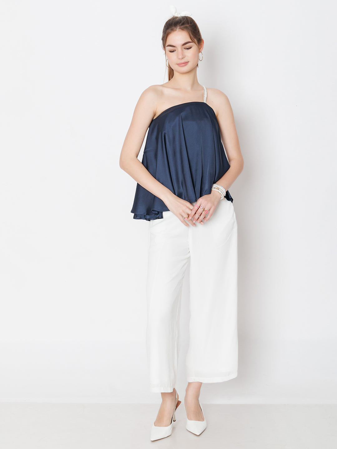 Navy Blue Solid One Shoulder Top