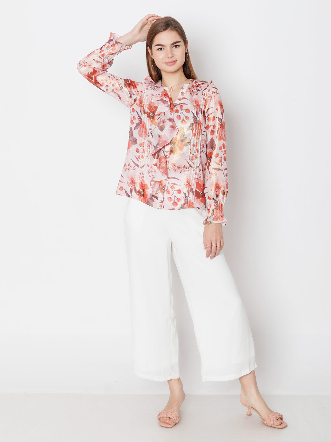 Pink Floral Print Shirt Style Top