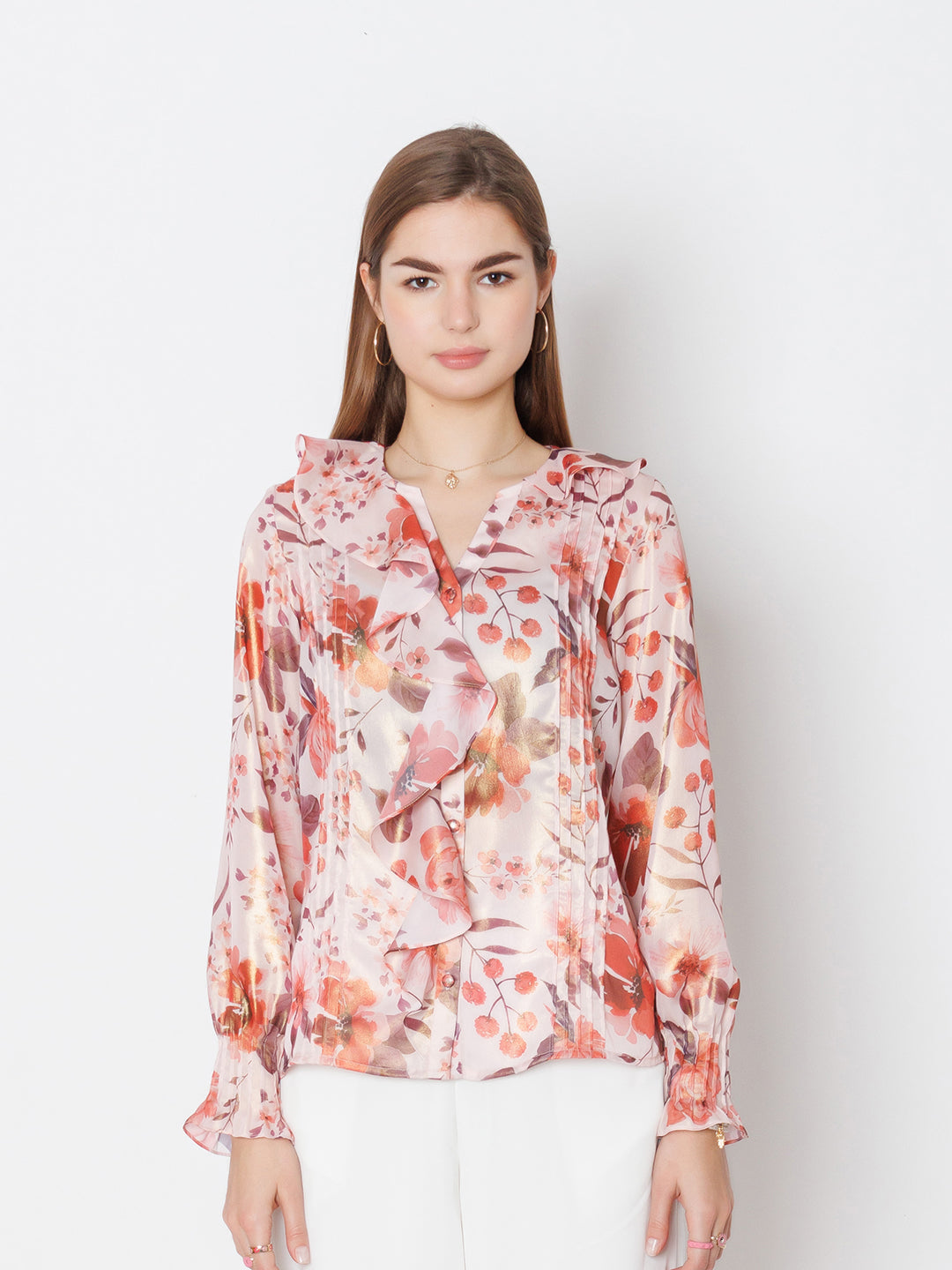 Pink Floral Print Shirt Style Top