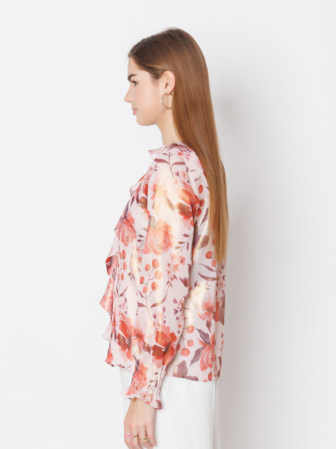 Pink Floral Print Shirt Style Top