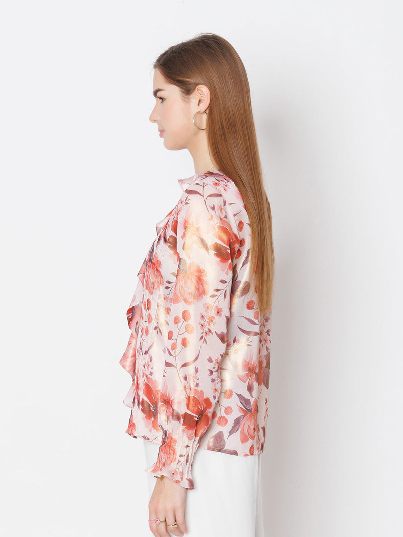 Pink Floral Print Shirt Style Top