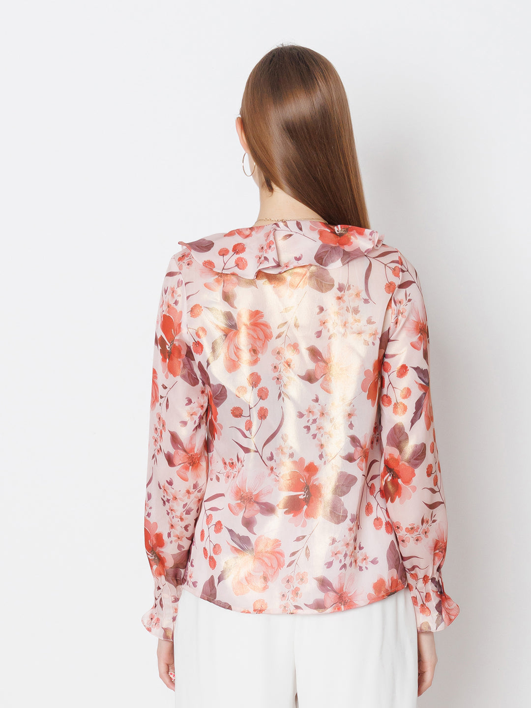 Pink Floral Print Shirt Style Top