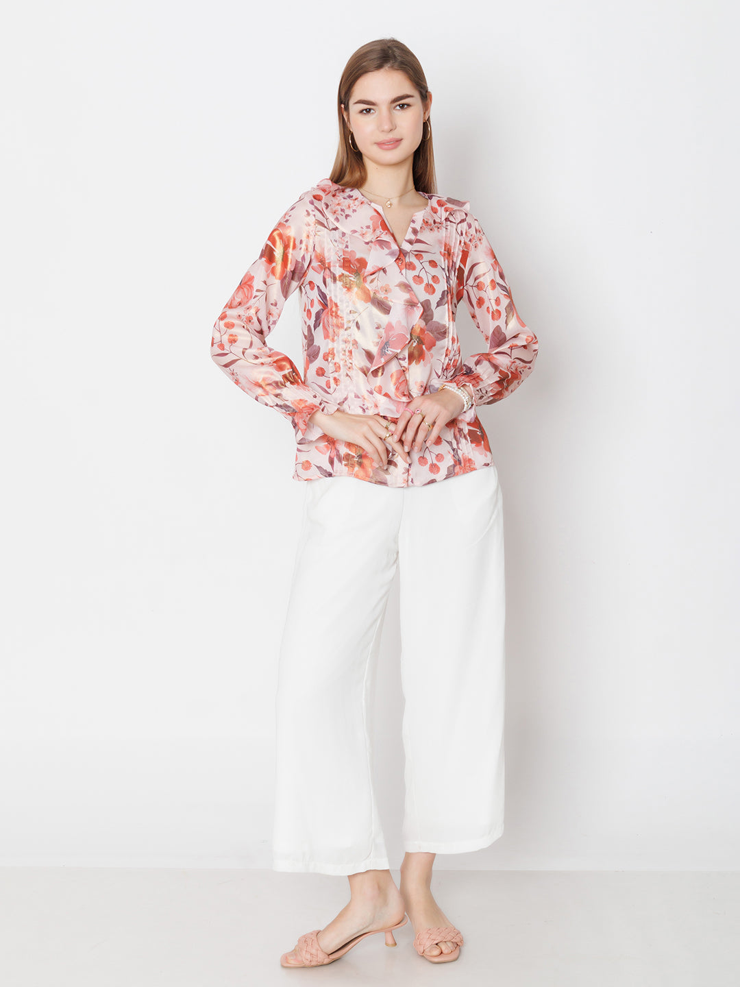 Pink Floral Print Shirt Style Top