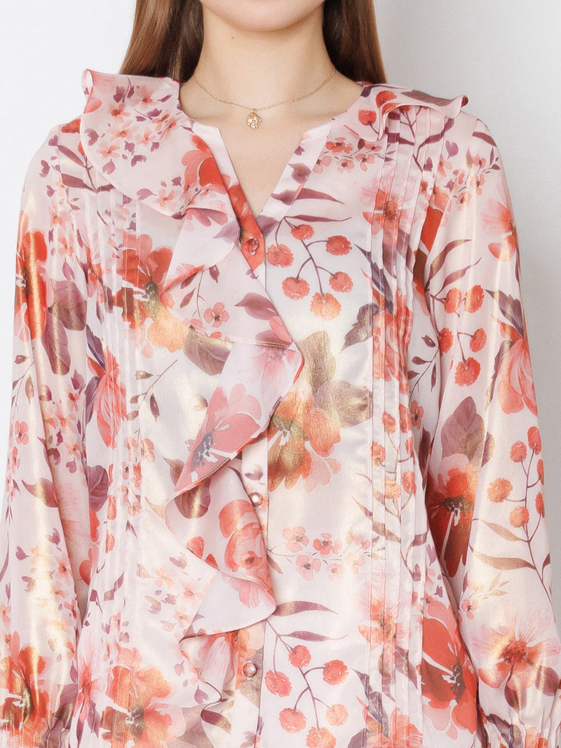 Pink Floral Print Shirt Style Top