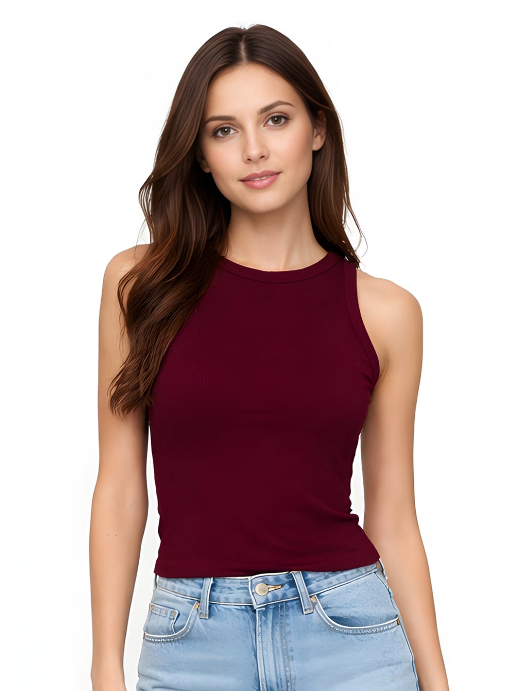 Brown Plain Sleeveless Crop Tops