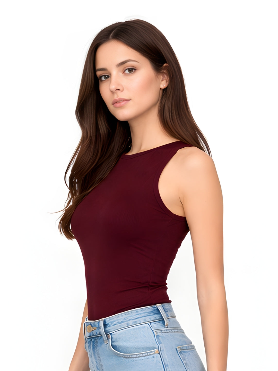 Brown Plain Sleeveless Crop Tops