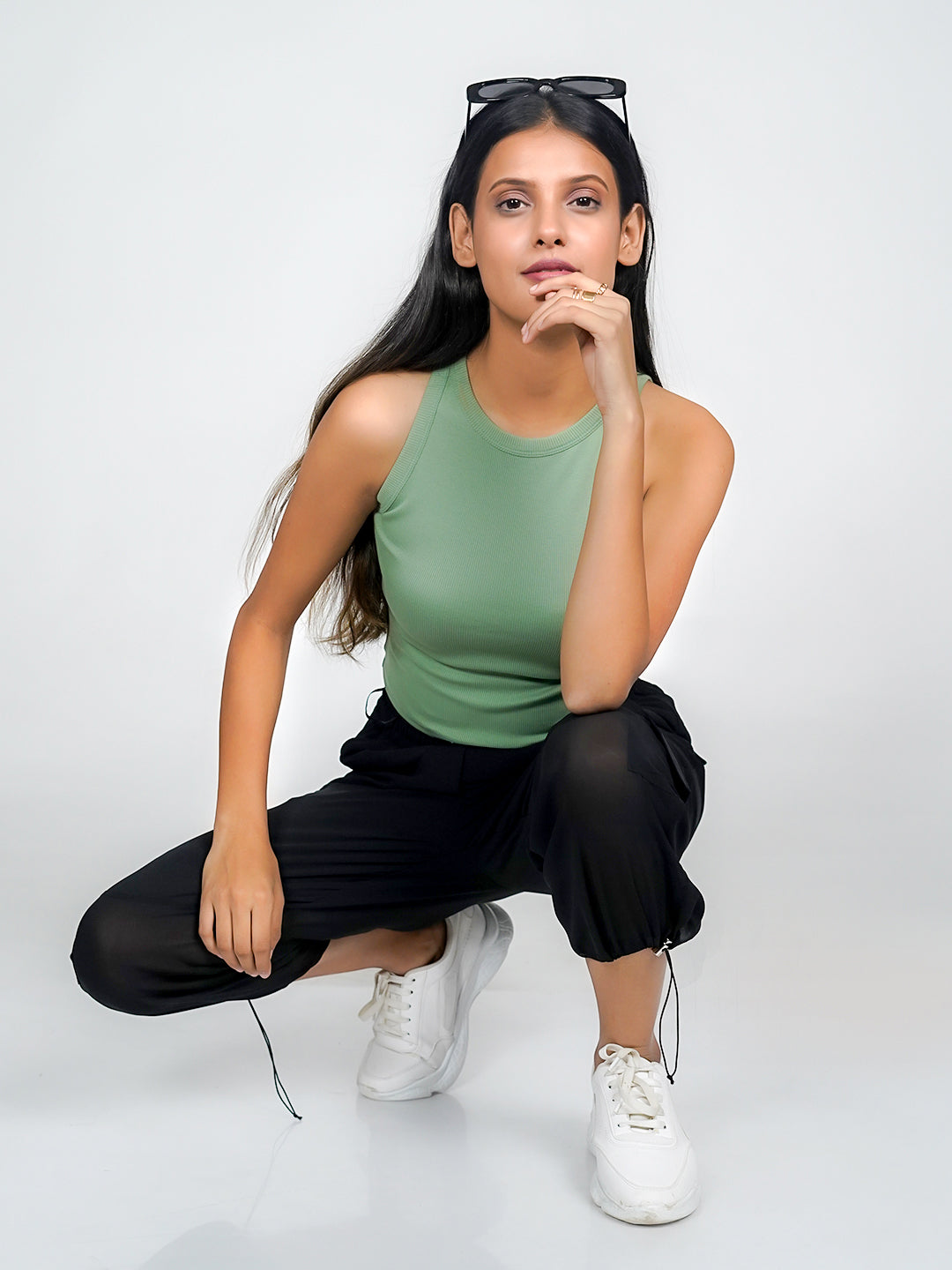 Green Solid Basic Crop Top