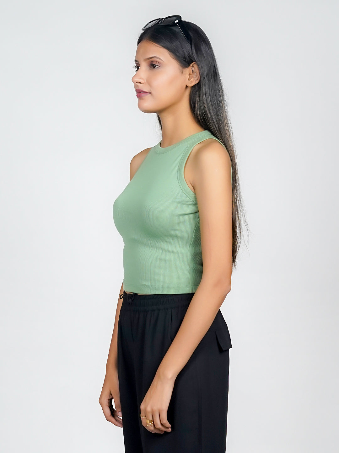 Green Solid Basic Crop Top