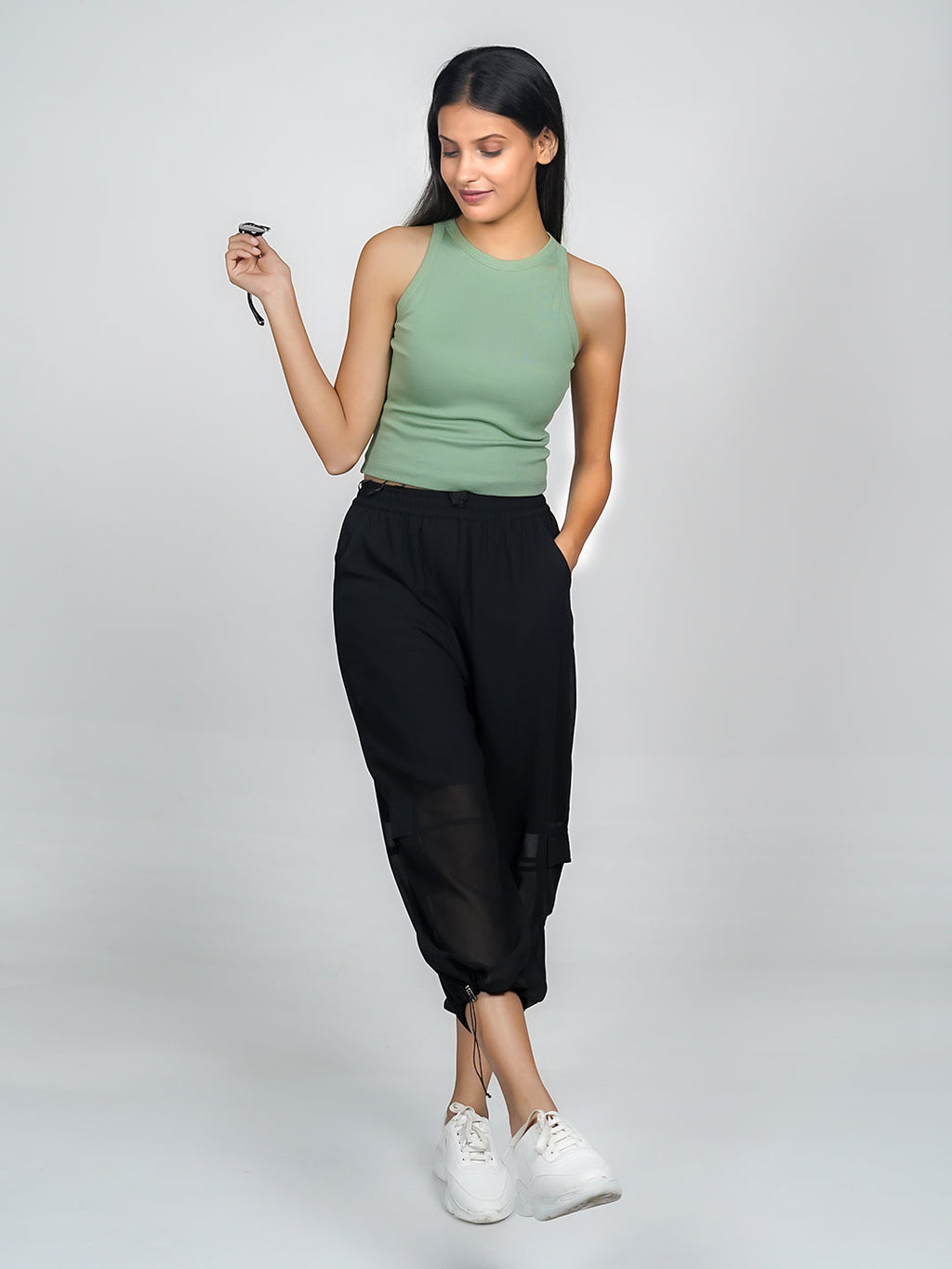 Green Solid Basic Crop Top