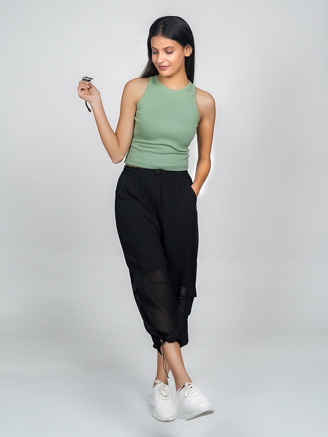 Green Solid Basic Crop Top