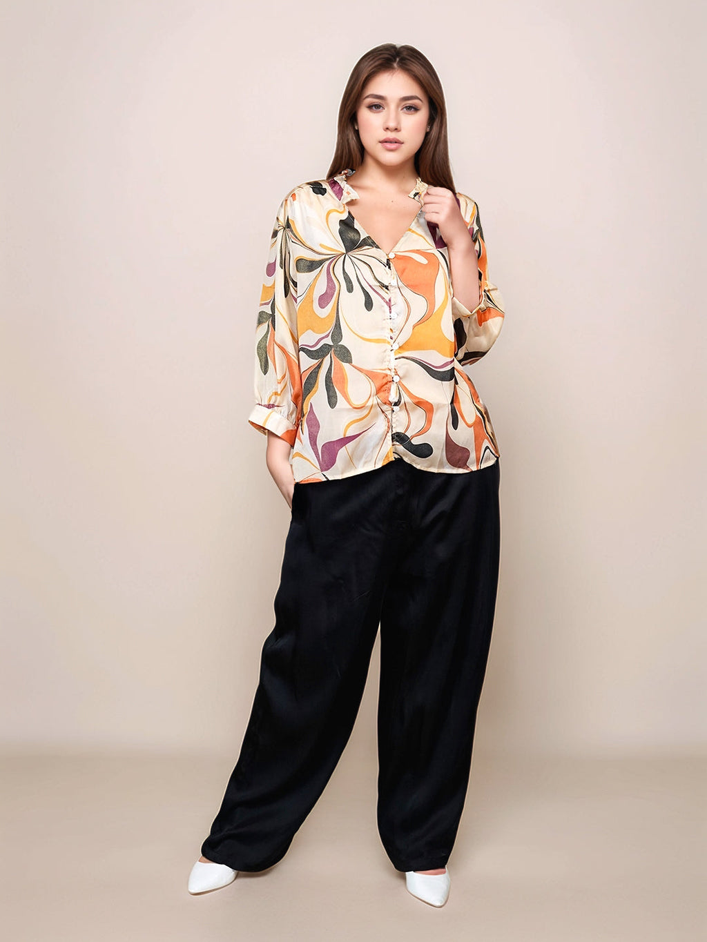Beige Floral Prints Relaxed Fit Top