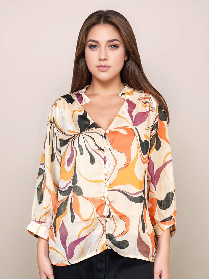 Beige Floral Prints Relaxed Fit Top