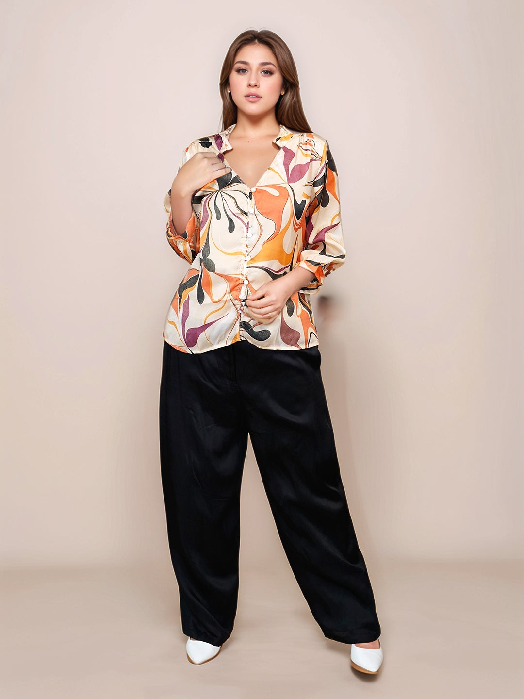 Beige Floral Prints Relaxed Fit Top