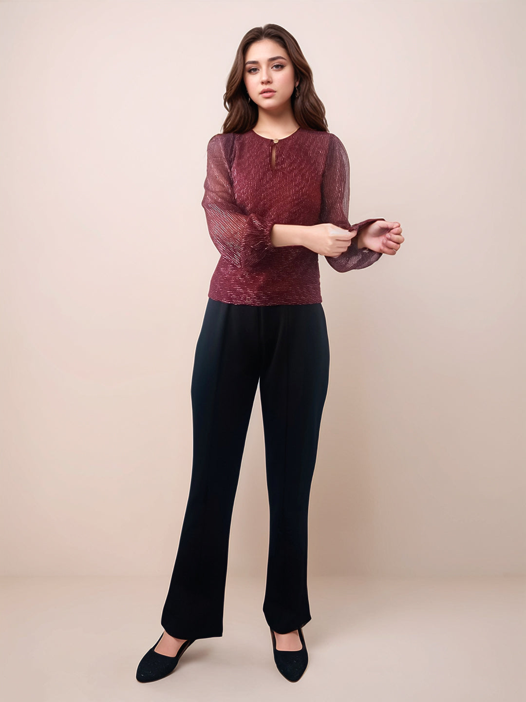 Maroon Textured Slim Fit Top