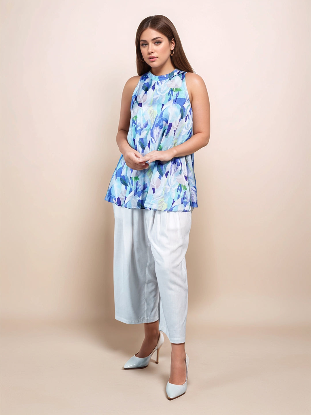 Blue Abstract Printed Sleeveless Top