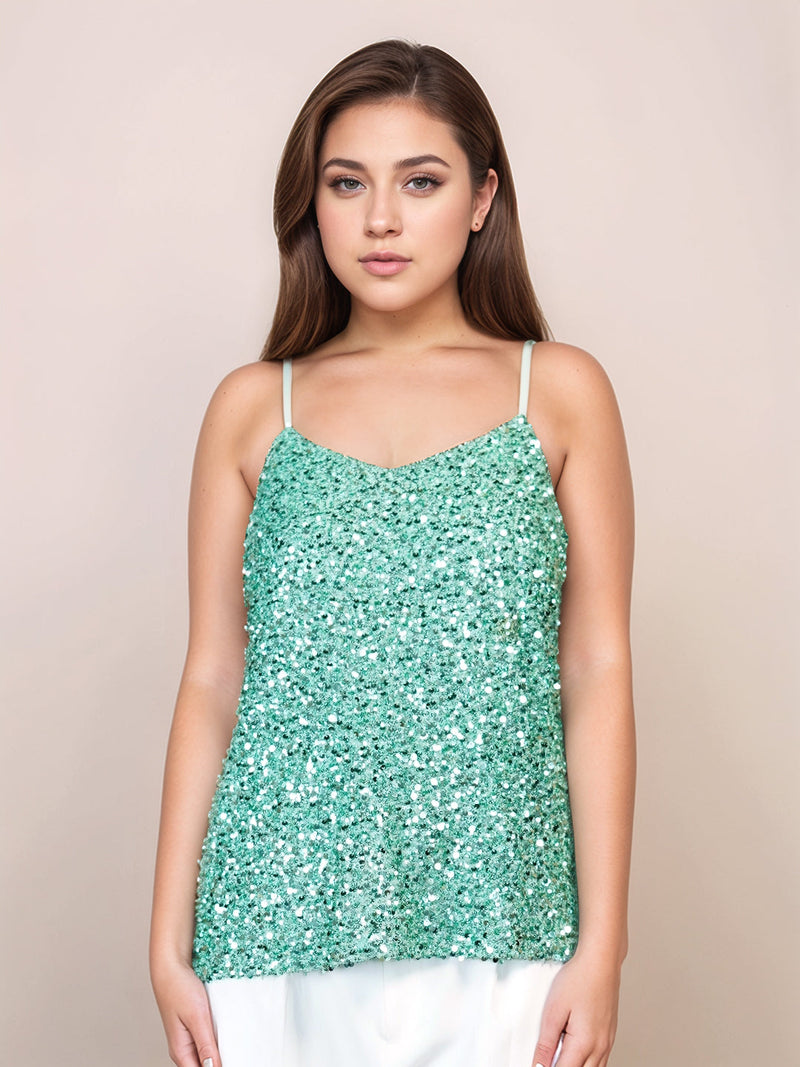 Green Sequinned Regular Fit Top