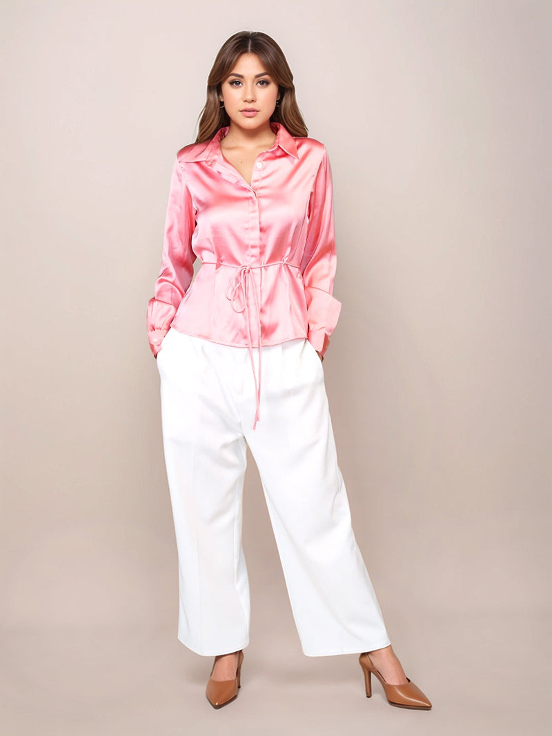 Pink Solid Collar Neck Long Sleeves Shirts