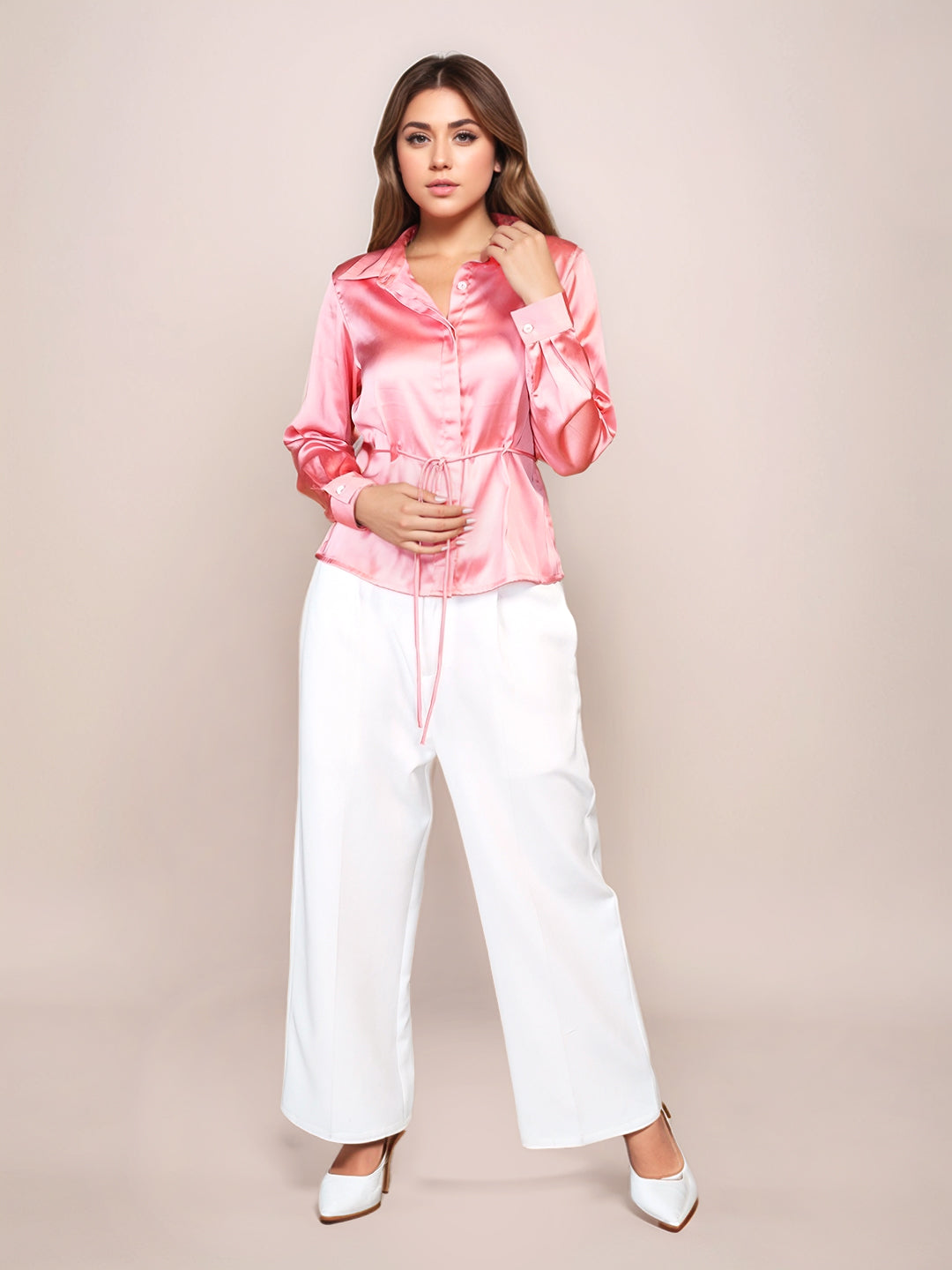 Pink Solid Collar Neck Long Sleeves Shirts