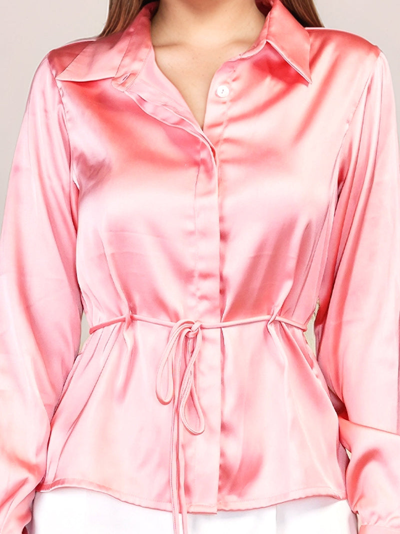 Pink Solid Collar Neck Long Sleeves Shirts