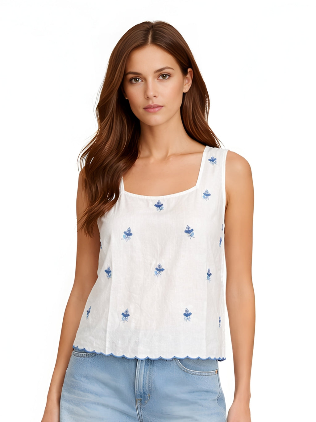 White Embroidered Sleeveless Top