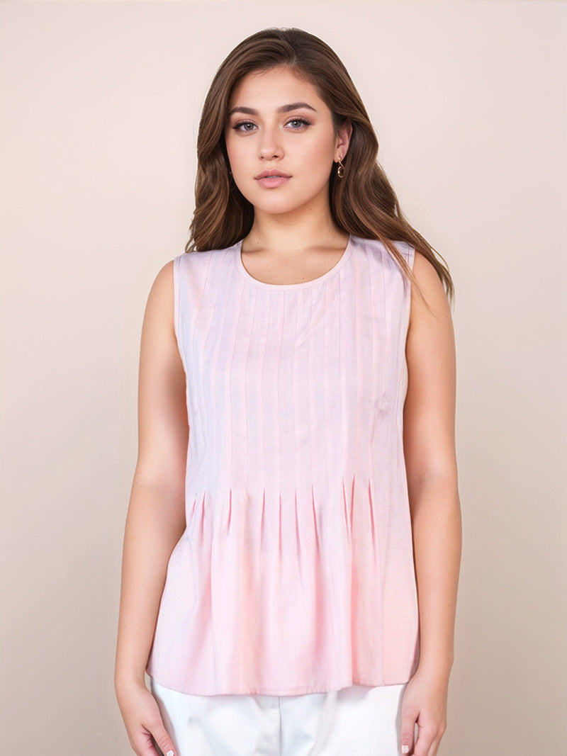 Pink Solid Round Neck Sleeveless Blouses & Tops