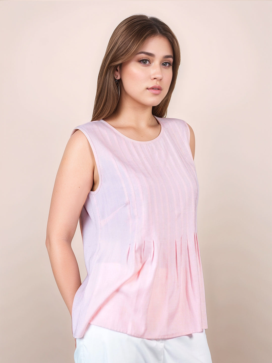 Pink Solid Round Neck Sleeveless Blouses & Tops