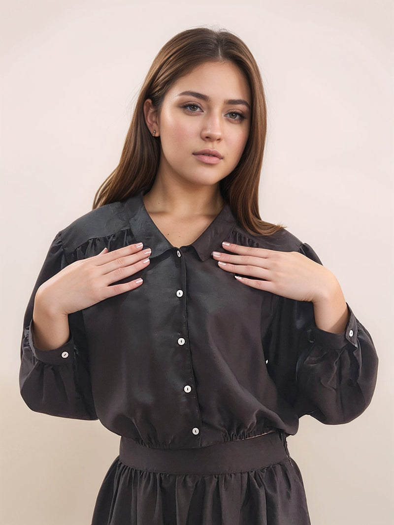 Black Solid Collar Neck Long Sleeves Top