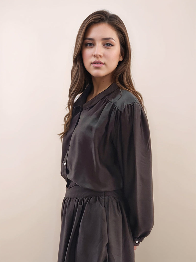 Black Solid Collar Neck Long Sleeves Top