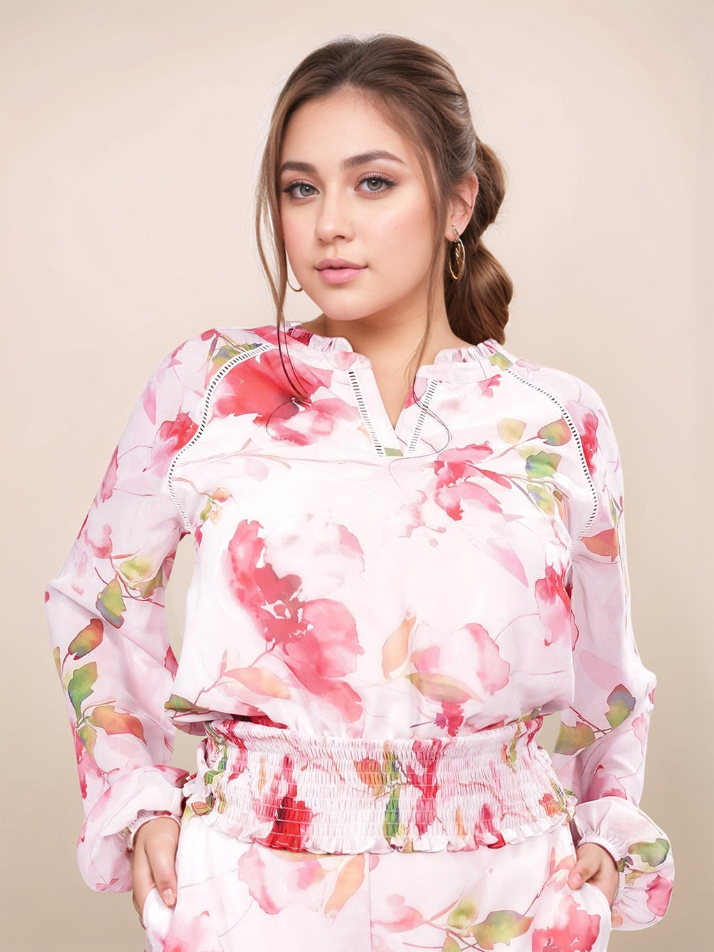 Multi Floral V-Neck Long Sleeves Top