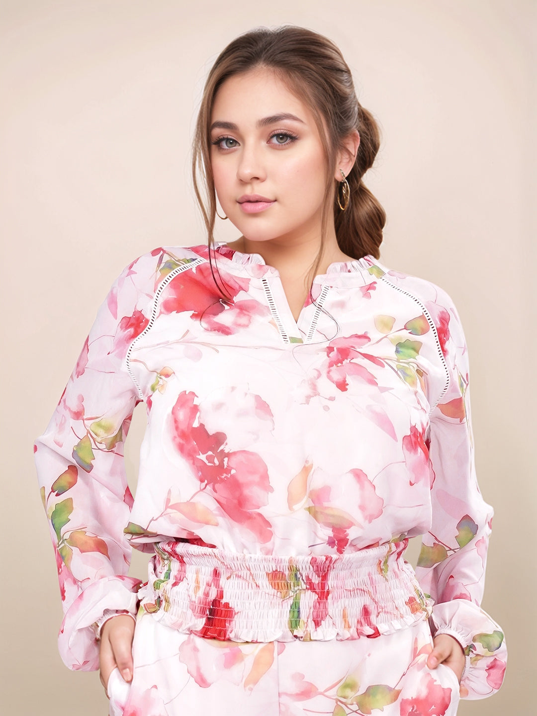 Multi Floral V-Neck Long Sleeves Top