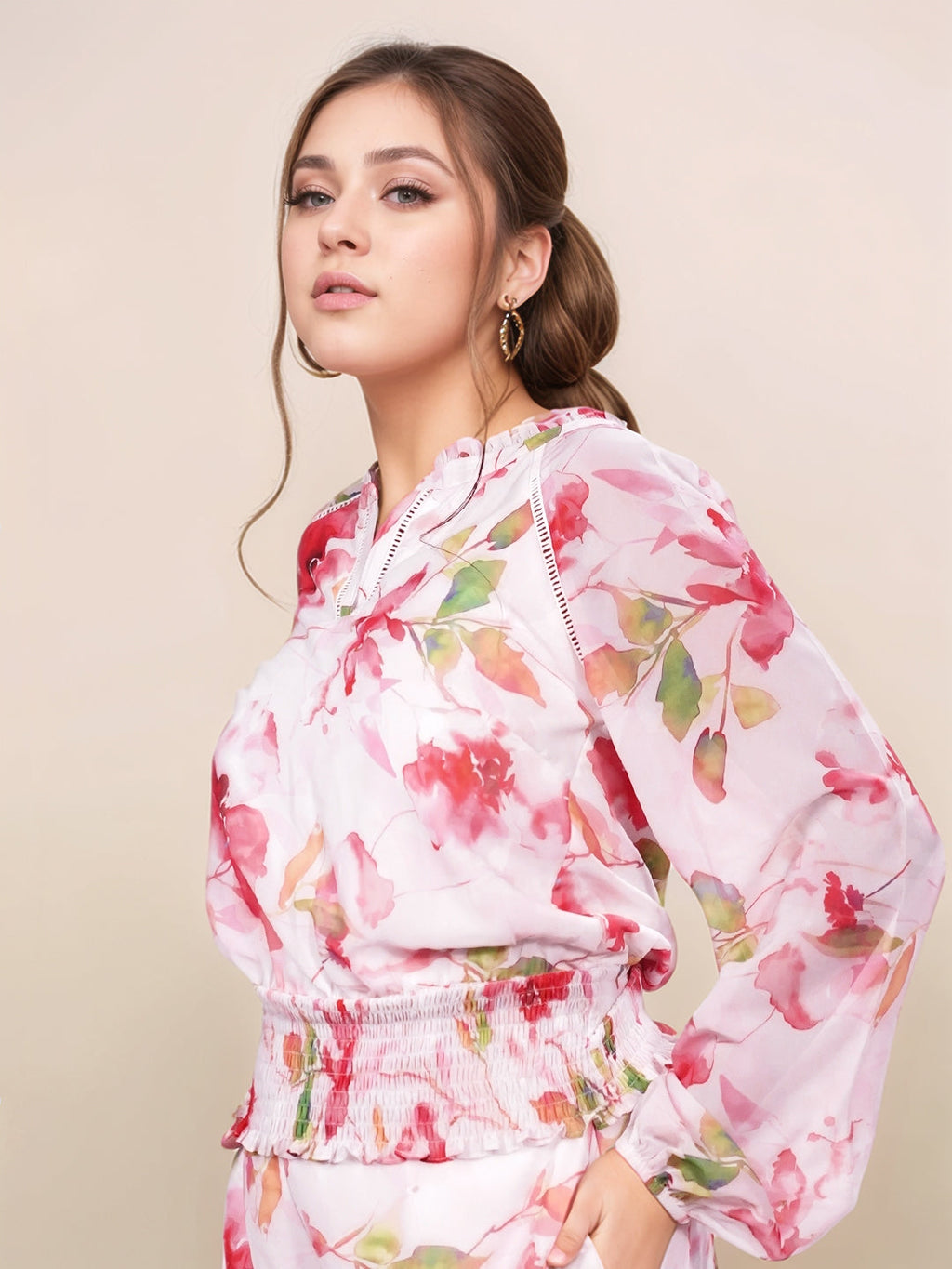 Multi Floral V-Neck Long Sleeves Top