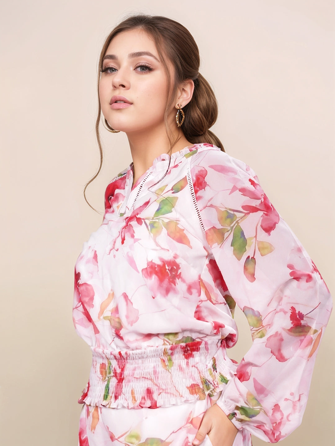 Multi Floral V-Neck Long Sleeves Top