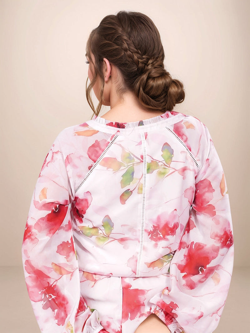 Multi Floral V-Neck Long Sleeves Top