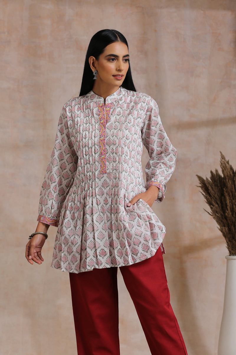 White Hand Block Printed Cotton Pleated Tunic
