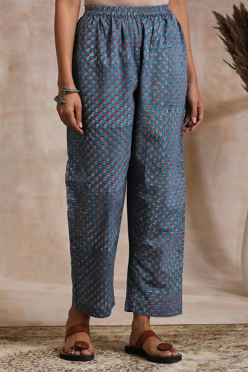 Blue Hand Block Printed Farsi Pants