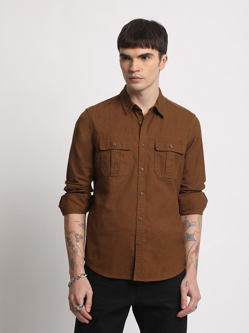 Aka - Men Mustard Solid Slim Fit Cotton Casual Shirt