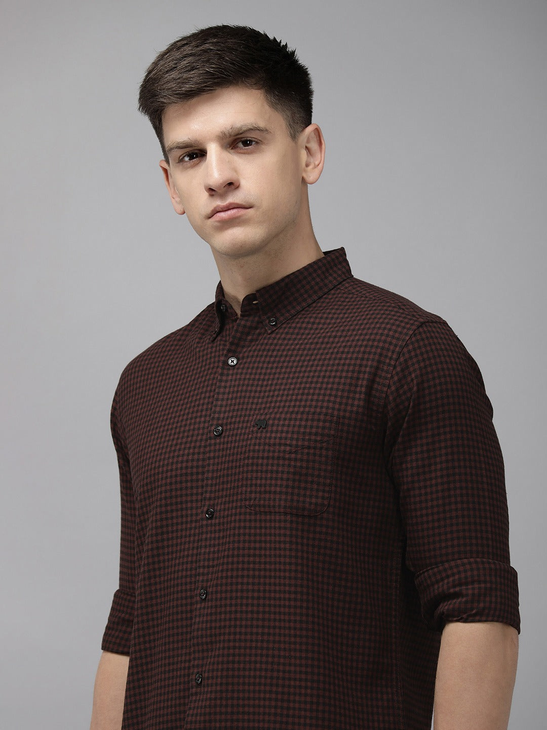 Aphex - Men Maroon Gingham Checked Slim Cotton Casual Shirt