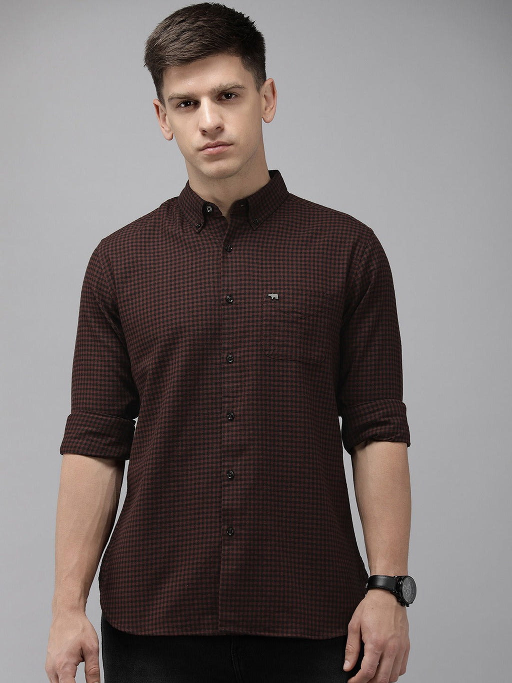 Aphex - Men Maroon Gingham Checked Slim Cotton Casual Shirt