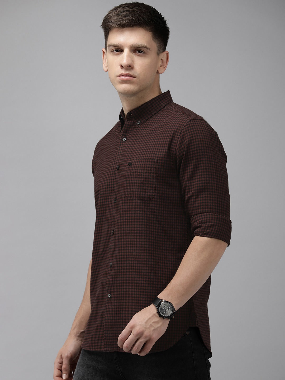 Aphex - Men Maroon Gingham Checked Slim Cotton Casual Shirt