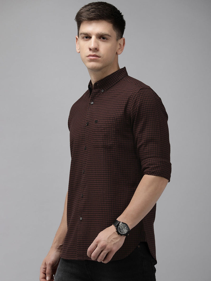 Aphex - Men Maroon Gingham Checked Slim Cotton Casual Shirt