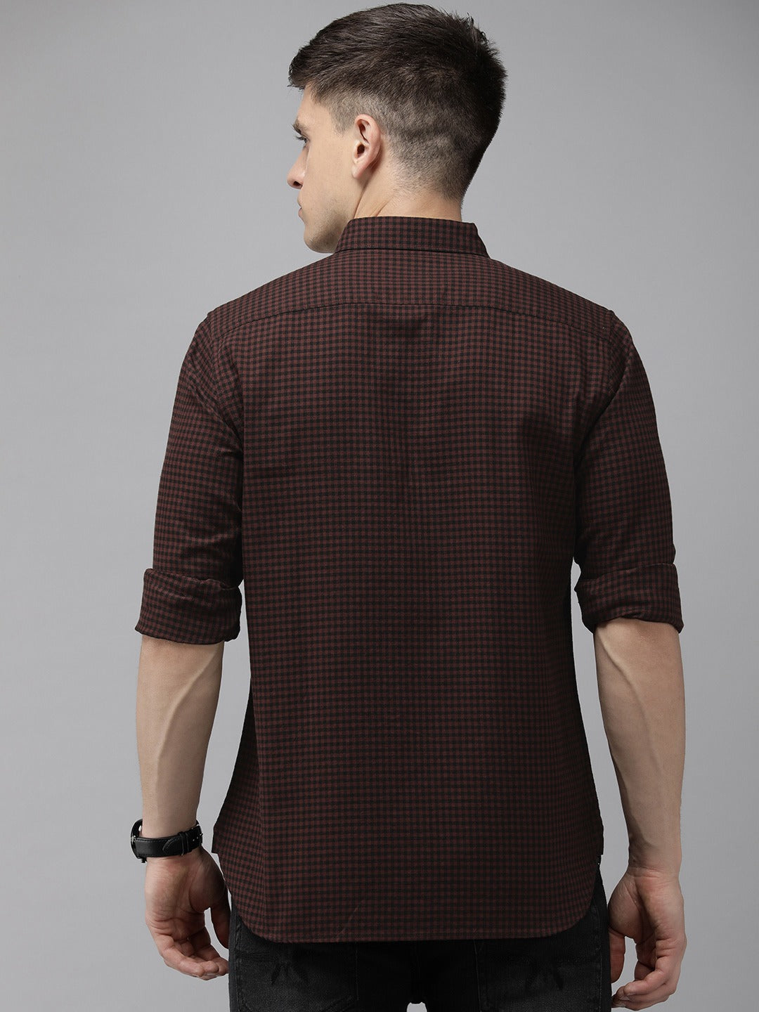 Aphex - Men Maroon Gingham Checked Slim Cotton Casual Shirt