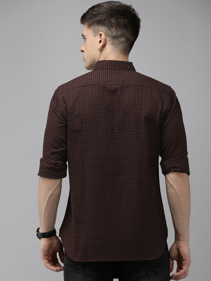 Aphex - Men Maroon Gingham Checked Slim Cotton Casual Shirt
