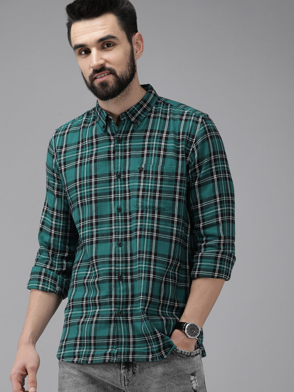 Arna - Men Green & Black Slim Fit Checked Flannel Cotton Casual Shirt