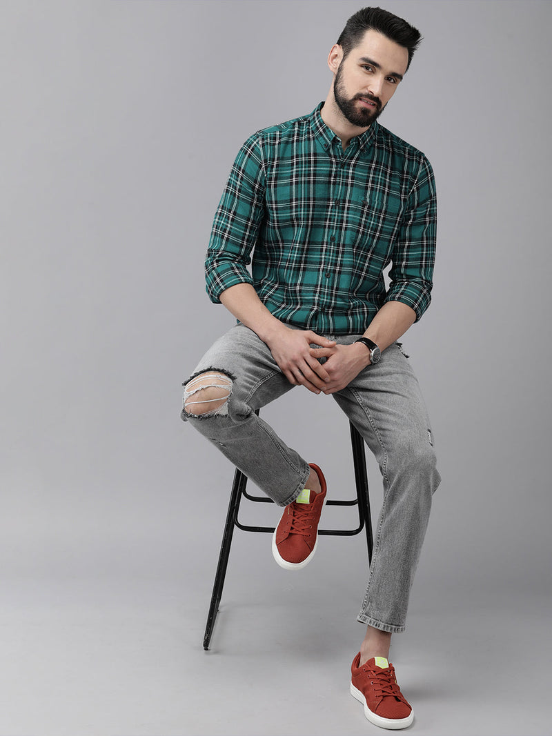Arna - Men Green & Black Slim Fit Checked Flannel Cotton Casual Shirt