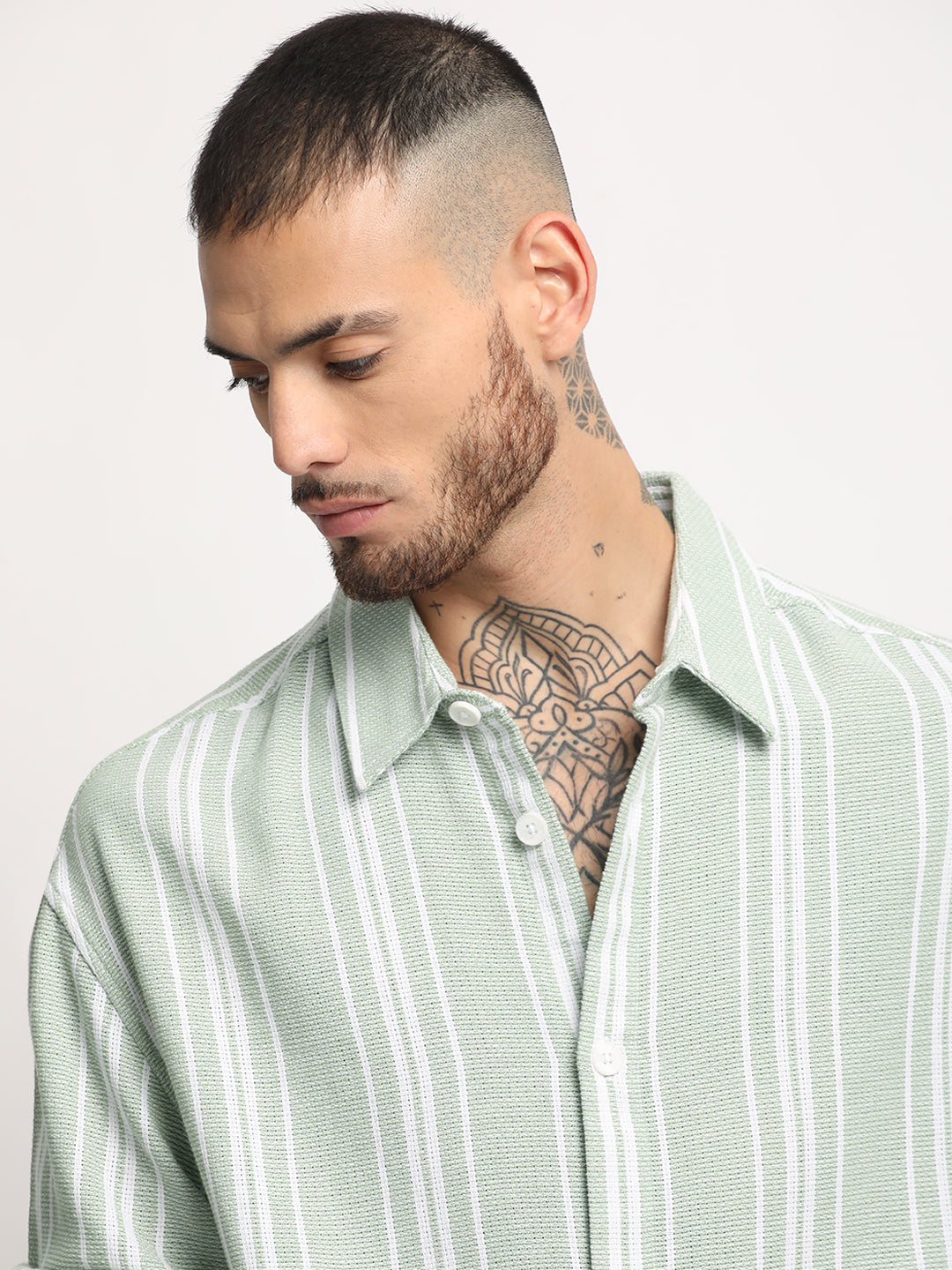 Arnos - Men's Light Green Striped Relaxed Fit Casual Shirt
