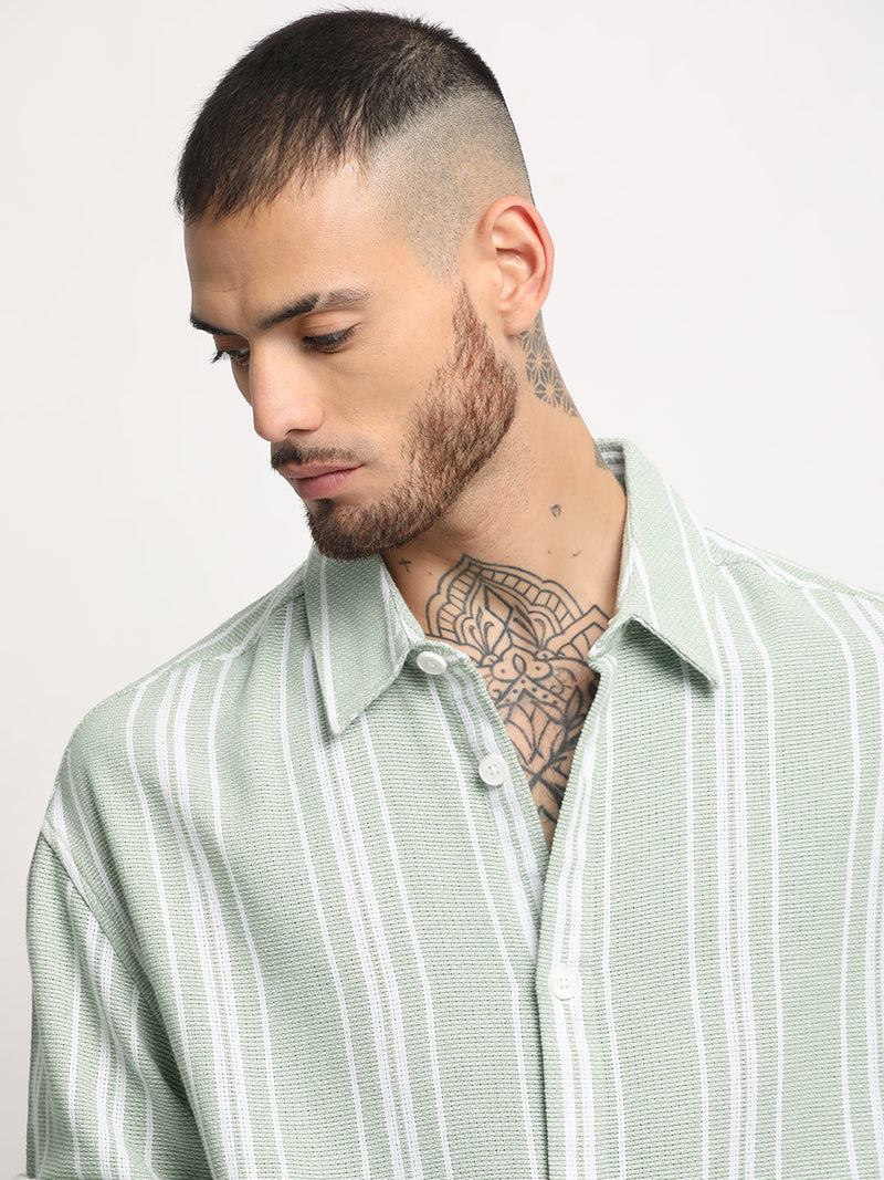 Arnos - Men's Light Green Striped Relaxed Fit Casual Shirt