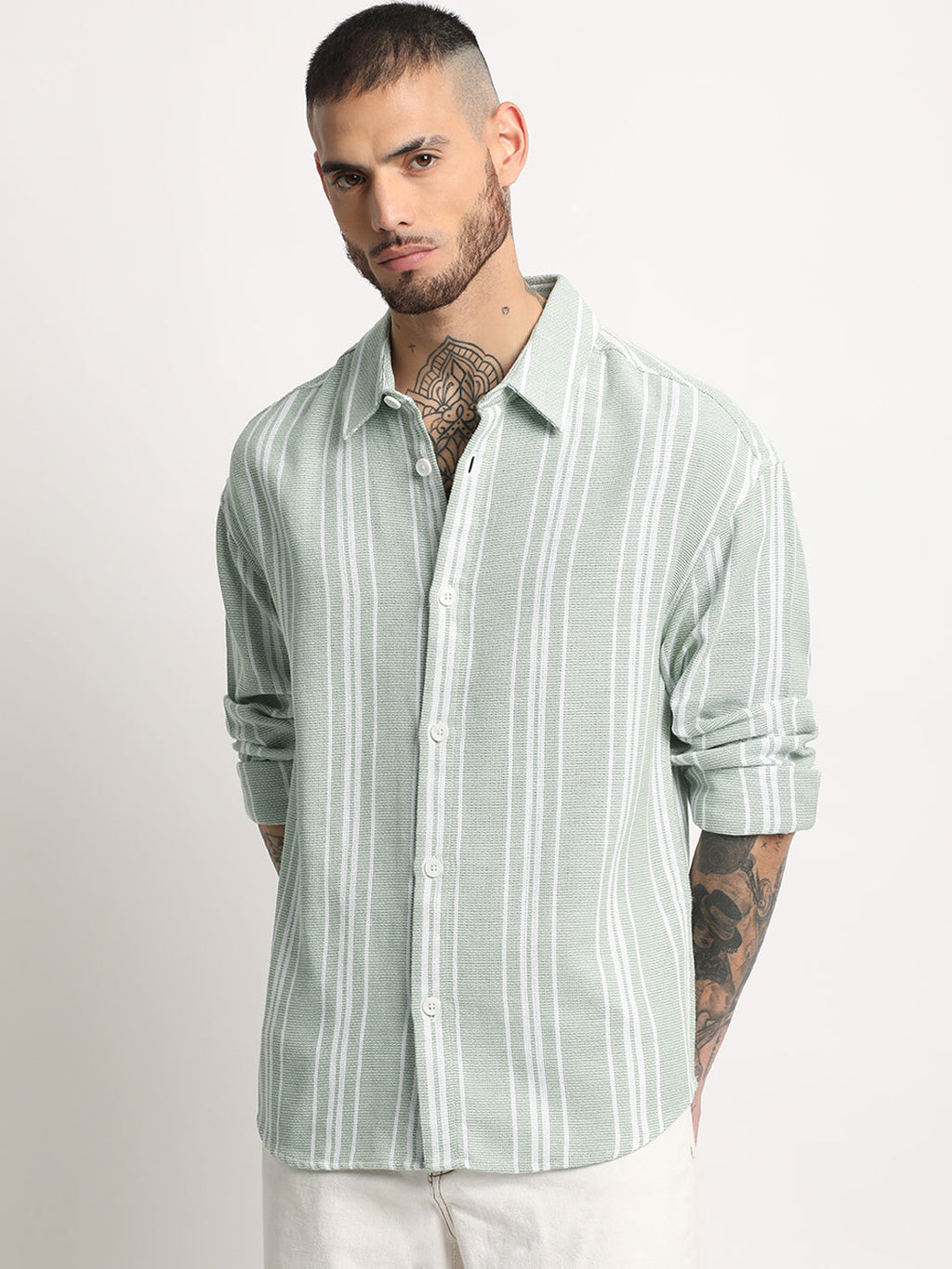 Arnos - Men's Light Green Striped Relaxed Fit Casual Shirt