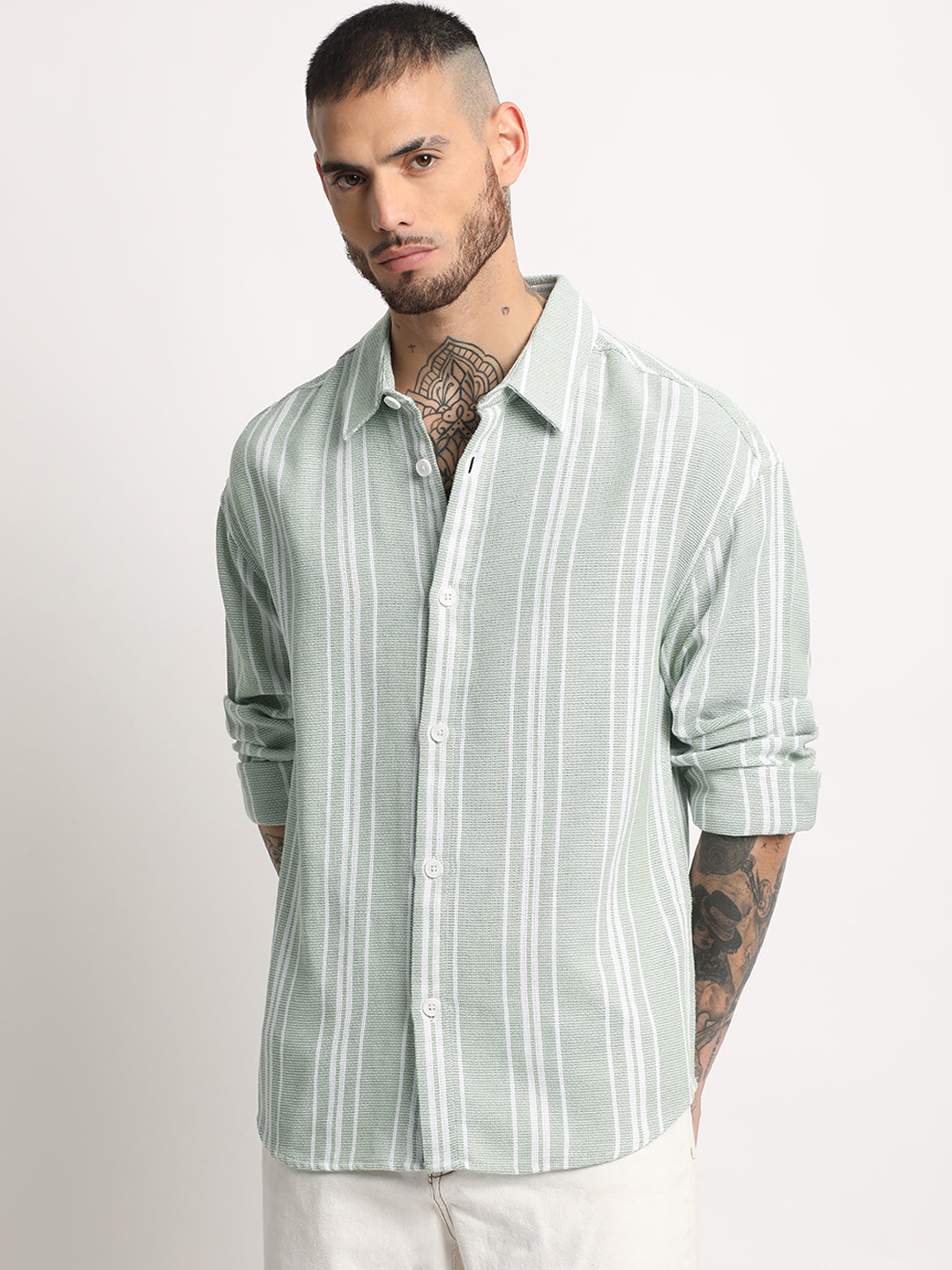 Arnos - Men's Light Green Striped Relaxed Fit Casual Shirt