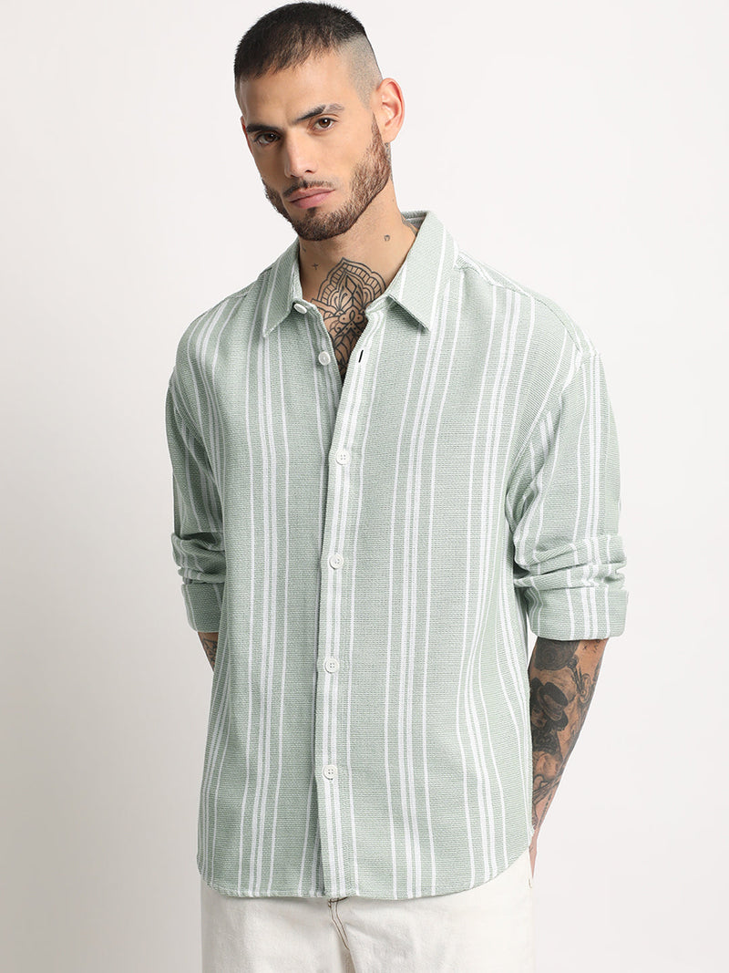 Arnos - Men's Light Green Striped Relaxed Fit Casual Shirt