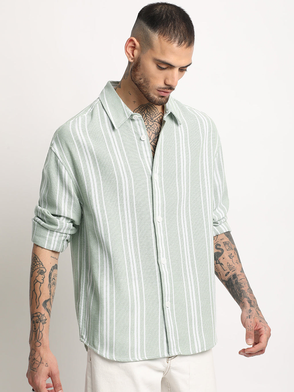 Arnos - Men's Light Green Striped Relaxed Fit Casual Shirt
